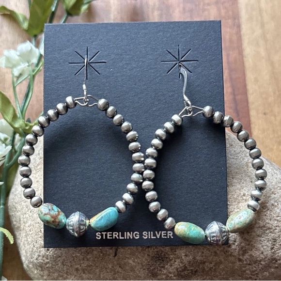 Sterling Silver Turquoise Nuggets Pearls Bead Loop Hoop Earrings. - Picture 1 of 12